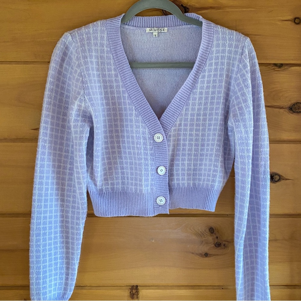 Purple and white gridded cardigan